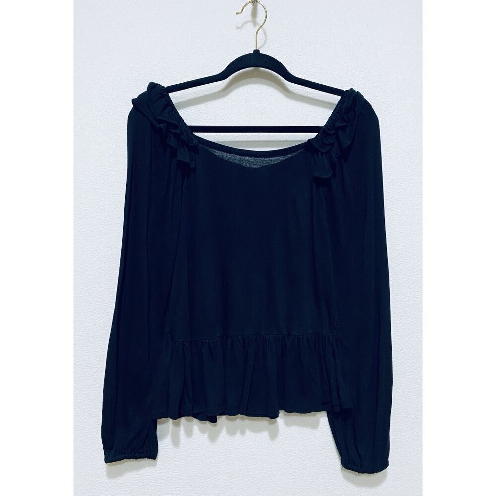 LOFT Top Womens Medium Black Smocked Back Ruffle Hem Witchy Whimsigoth Y2K Boho